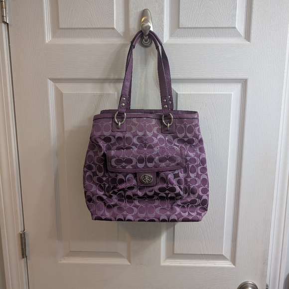 Coach Penelope Signature C Purple Sateen Tote Shoulder Bag Silver Hardware
